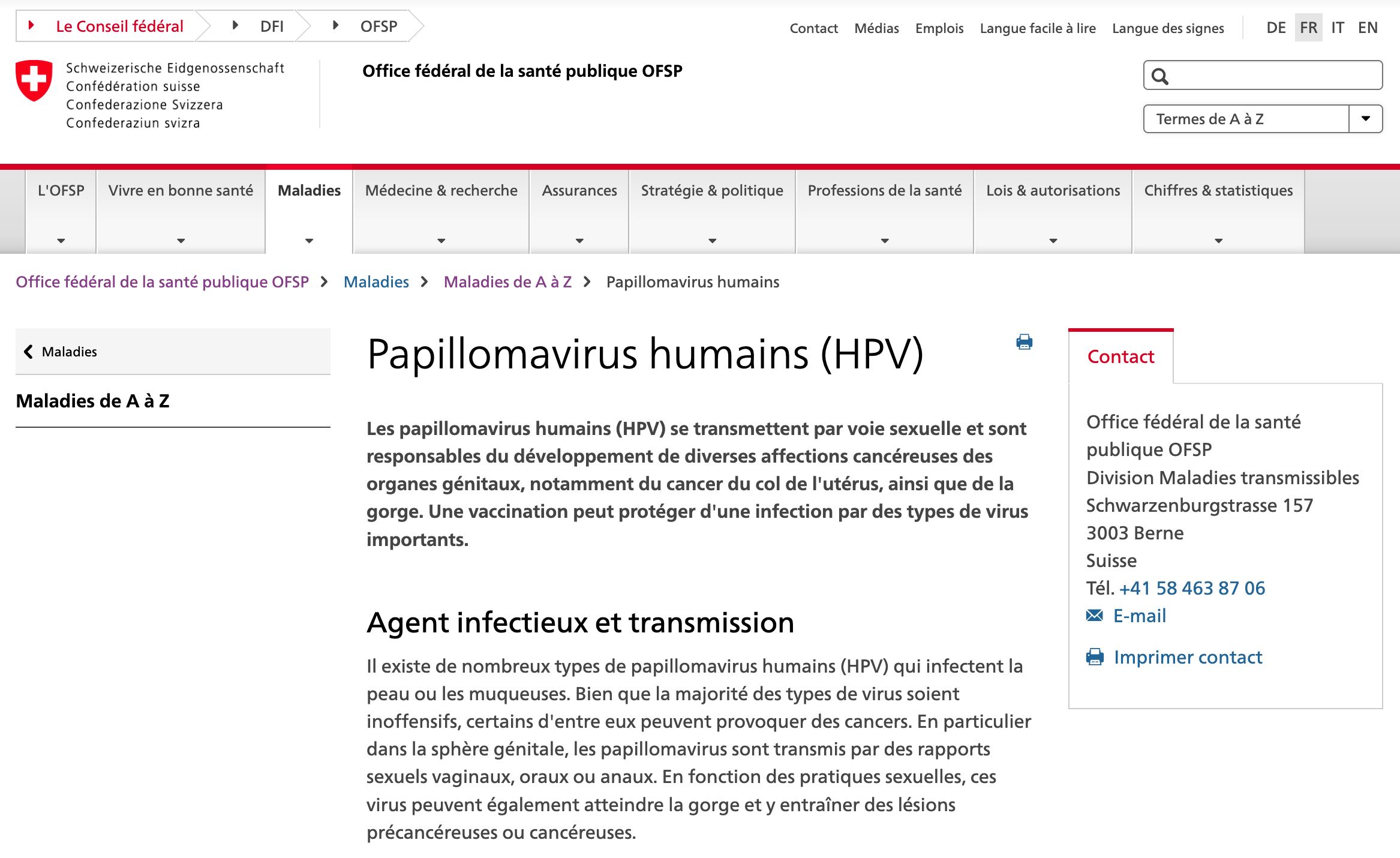 OFSP_HPV infos site internet