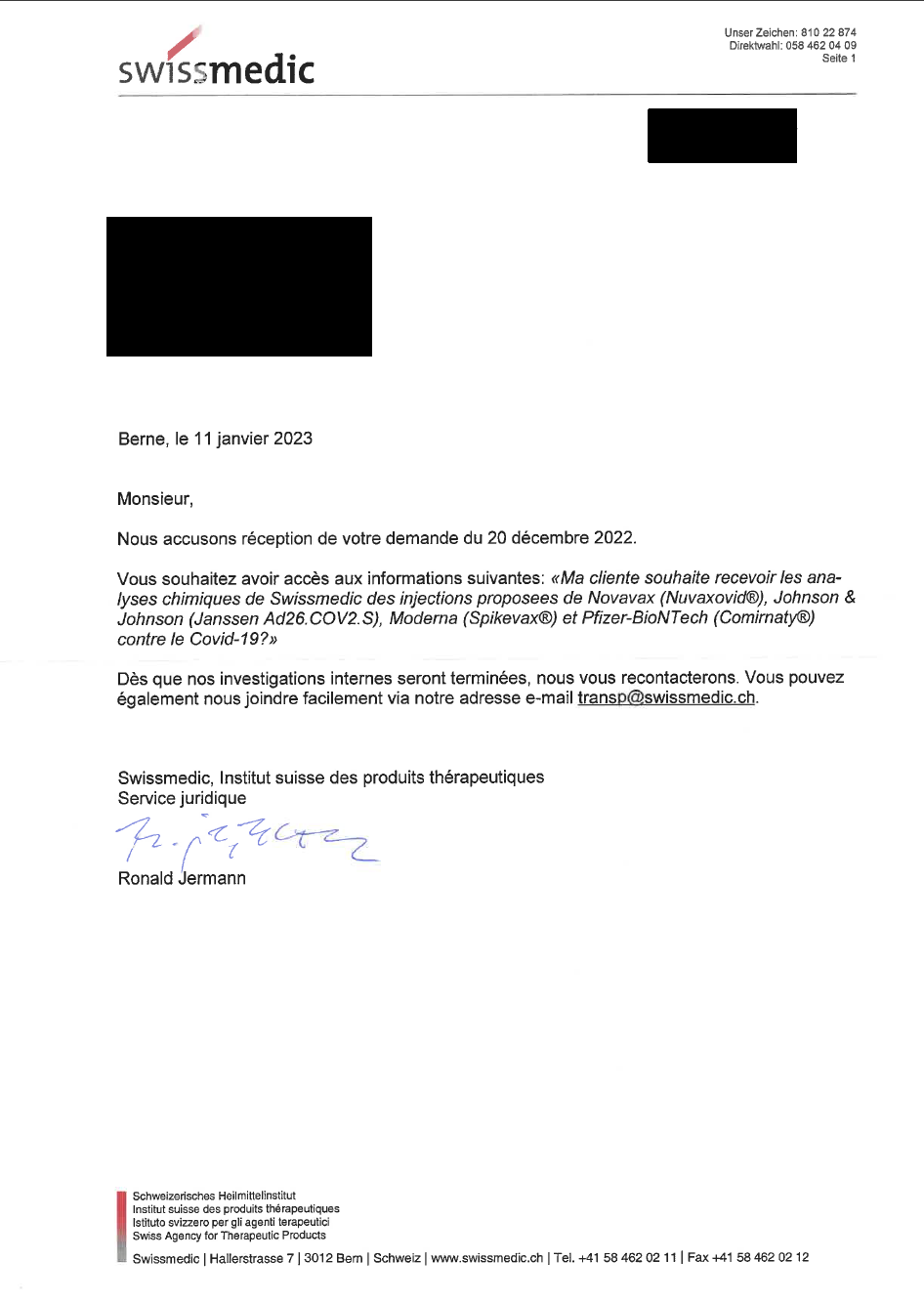 LETTRE RSSI-Avocat_2023-01-11_RESPONSE-1 Swissmedic composants injections_2023-01-11_Redacted COVER