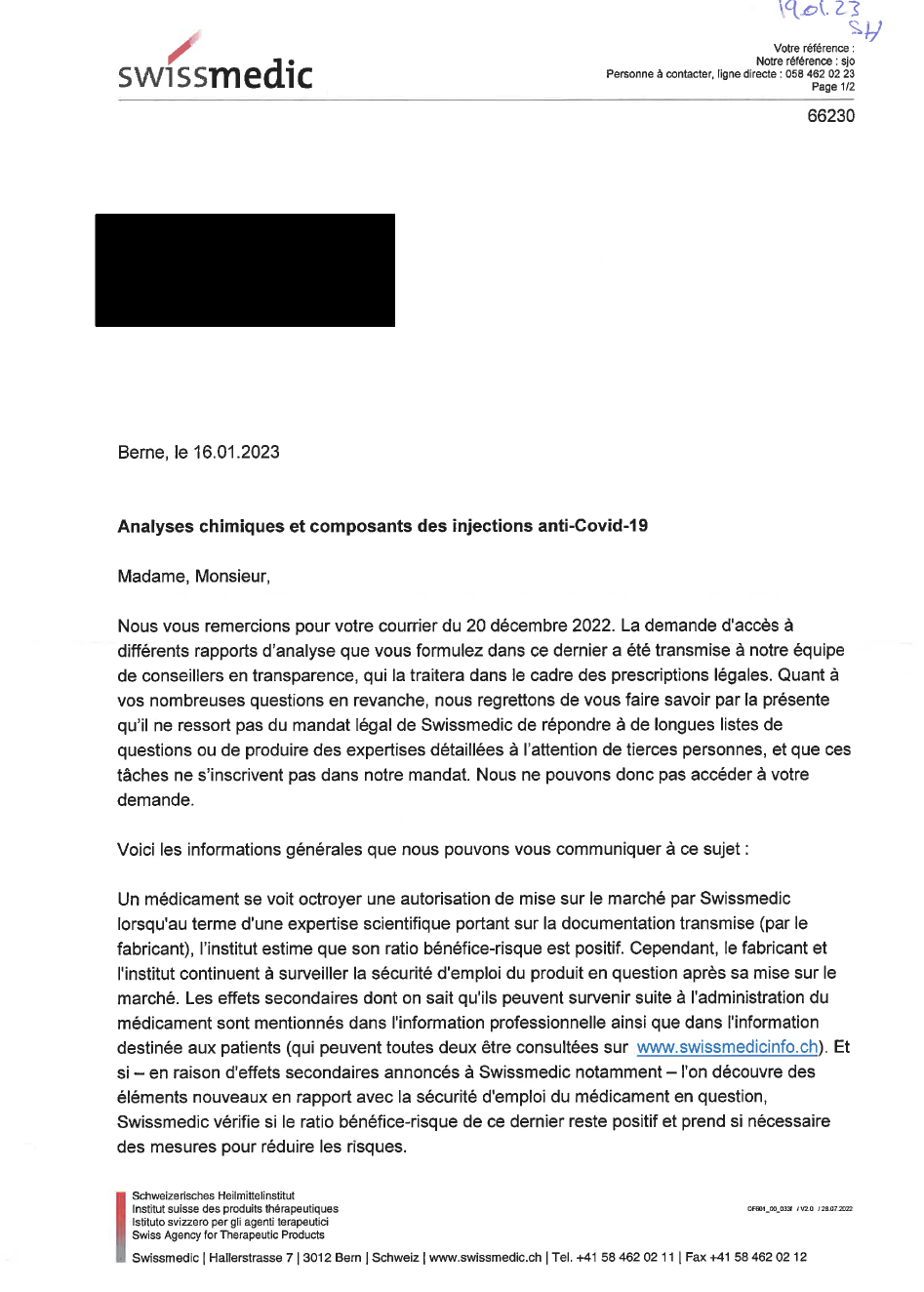 LETTRE RSSI-Avocat_2023-01-16_RESPONSE-2 Swissmedic composants injections_2023-01-16_Redacted COVER