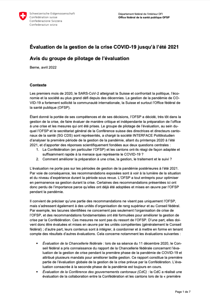 OFSP_2022-04_Évaluation de la gestion de la crise du COVID-19 _ recommandations à l’Office fédéral de la santé publique COVER