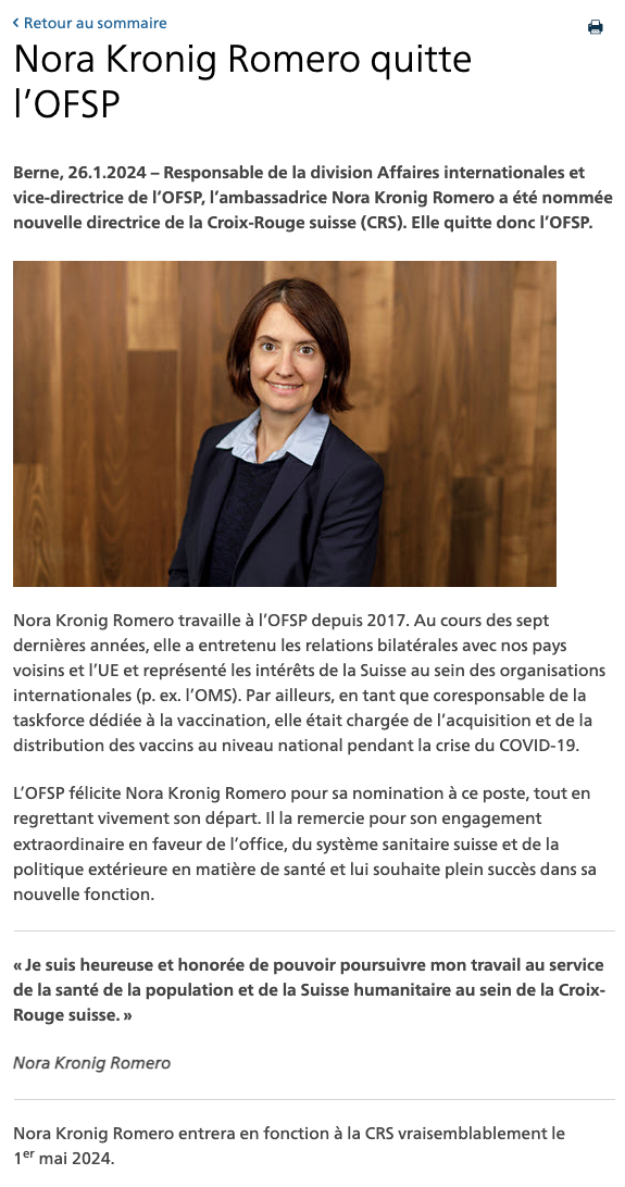 Nora Kronig Romero quitte l'OFSP pour la Croix Rouge