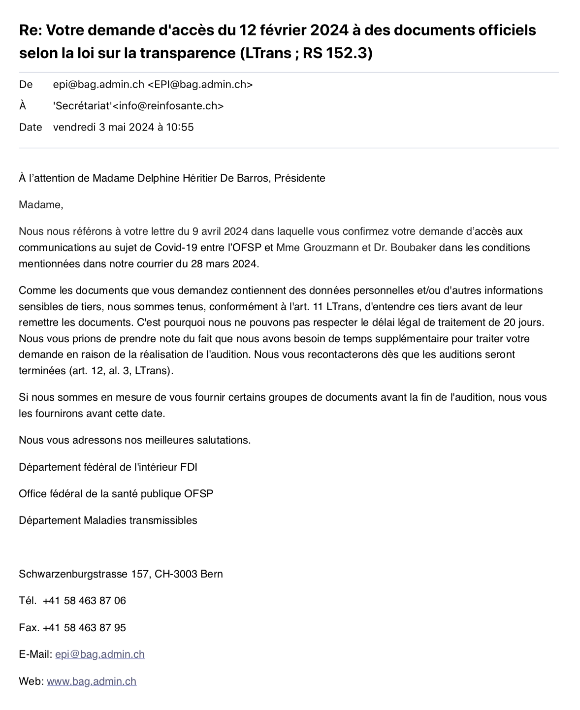 EMAIL DE L'OFSP_2024-05-03_RSSI_OFSP Loi Transparence Communication avec médecin cantonal_Demande temps supplémentaire pour traiter la demande_COVER