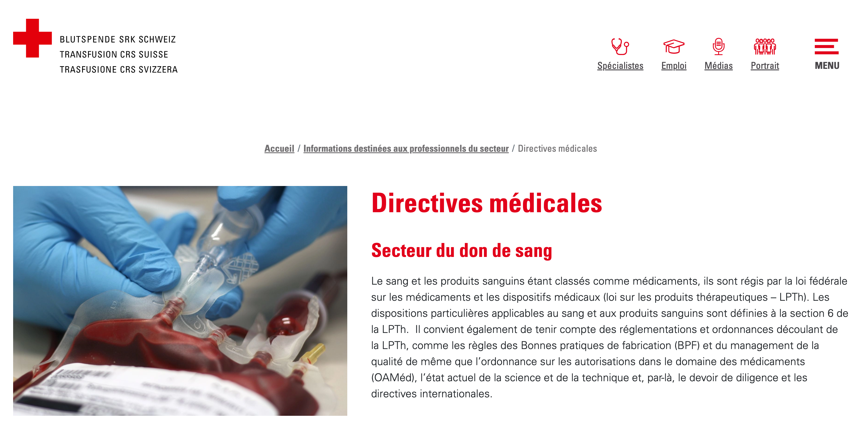 Transfusion CRS Suisse Directives médicales-Don de sang