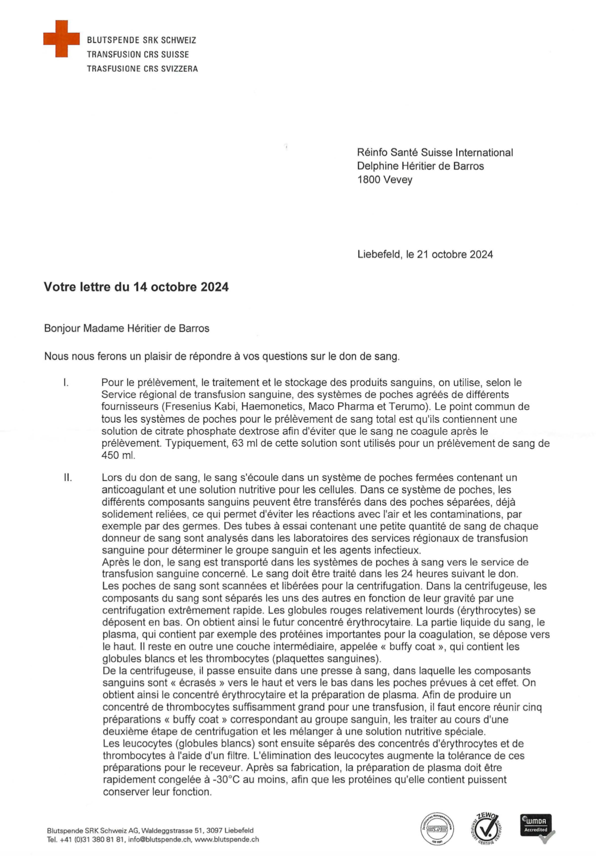 REPONSE_2024-10-21_TRANSFUSION CRS SUISSE_Réponse à la lettre RSSI sur la transfusion sanguine_COVER