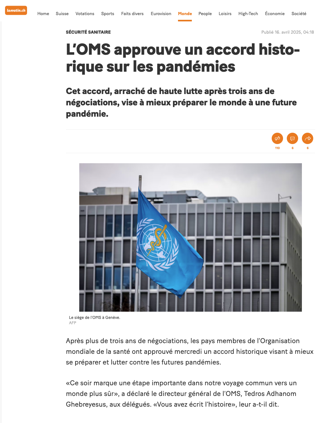 LE MATIN 2025-04-16_Pandemic Treaty Headline