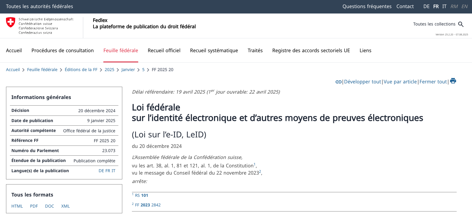 E-ID_CH_Fedlex loi fédérale sur l'e-ID
