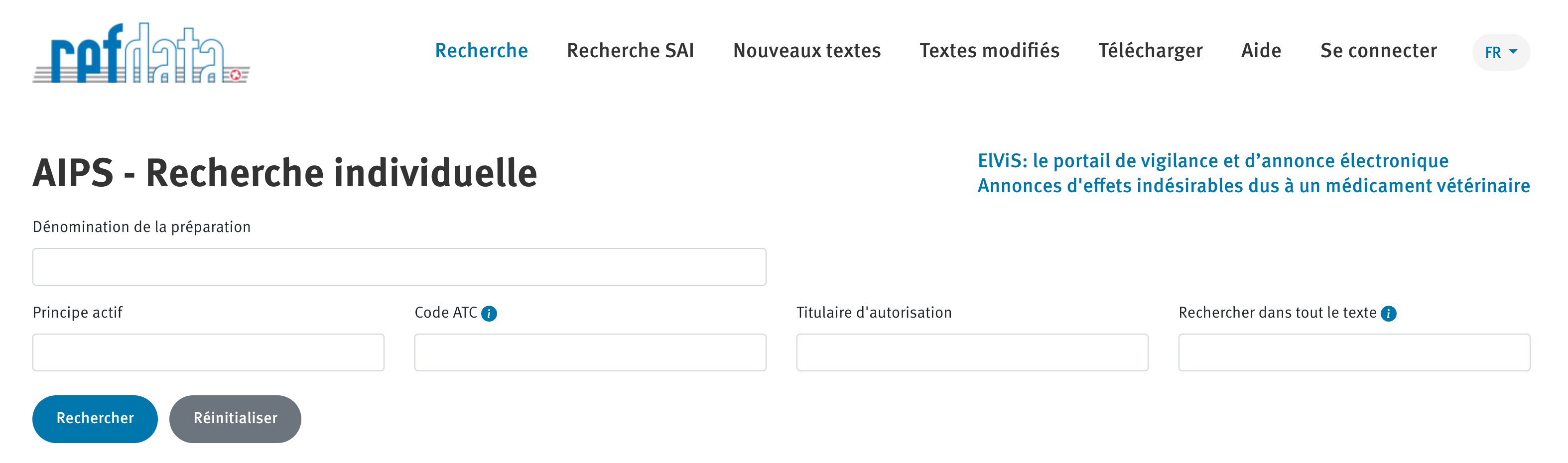 CH-REF PHARMA DATA Screen homepage ELVIS