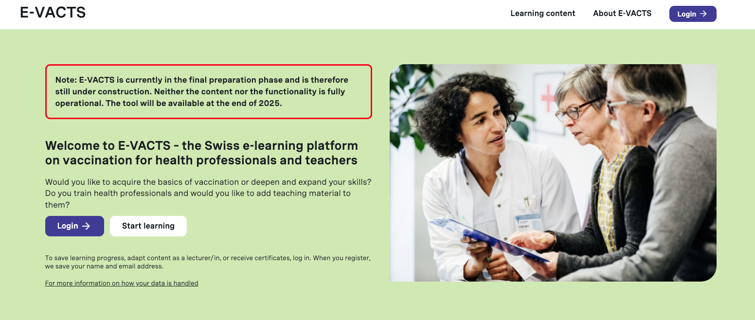 E-VACTS CH Learning Platform vaccines for professionals
