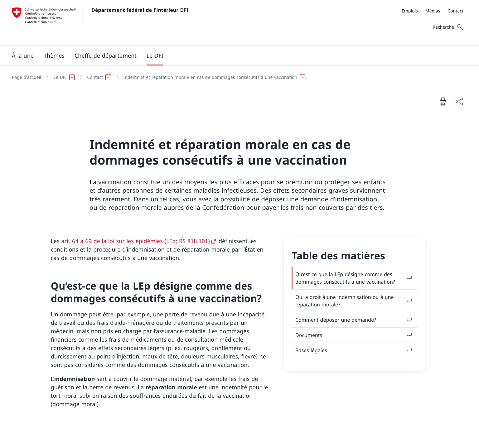 OFSP Indemnité et réparation morale en cas de dommages consécutifs à une vaccination