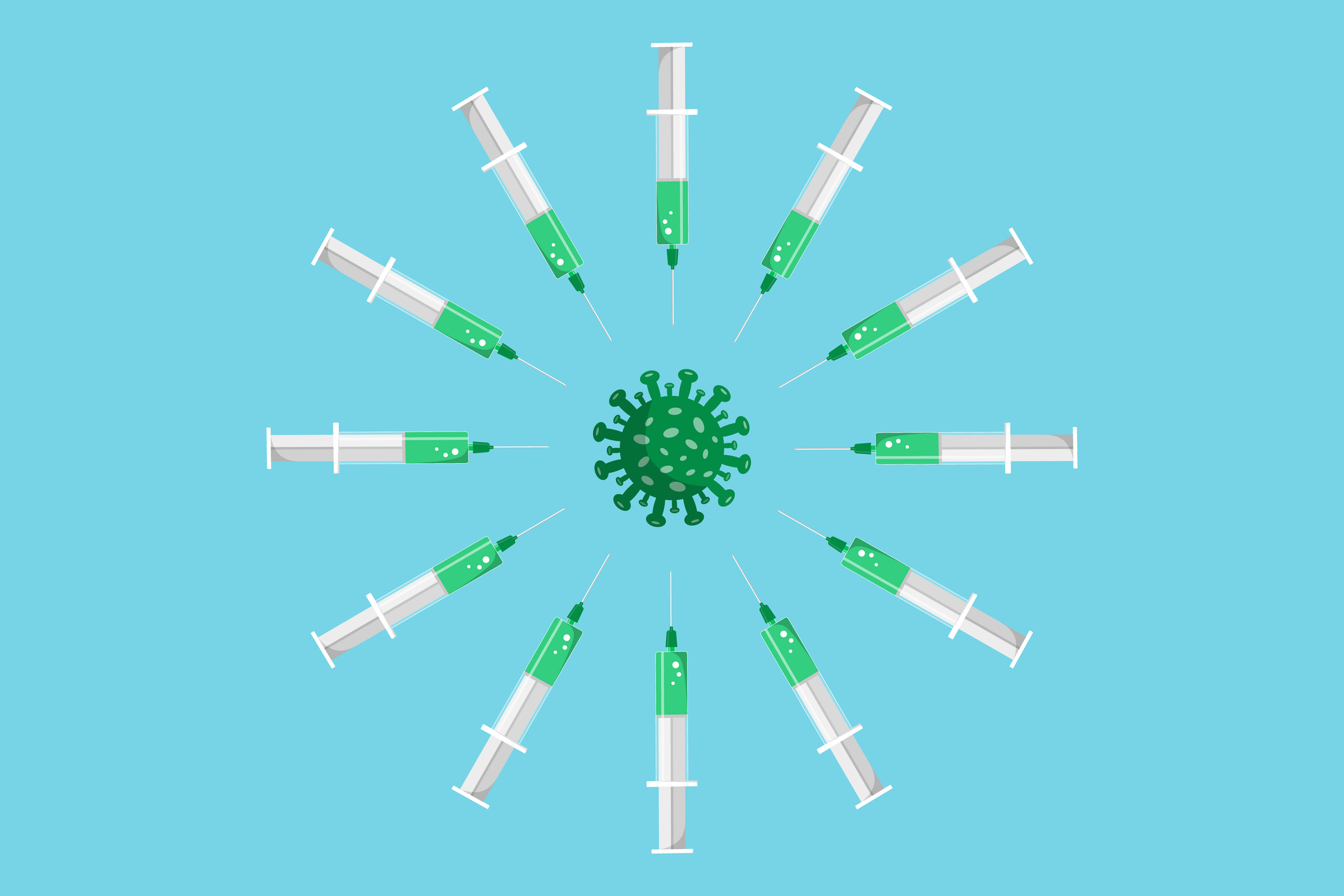 Syringe with green vaccine around bacteria on blue background. Stock vector illustration in flat design