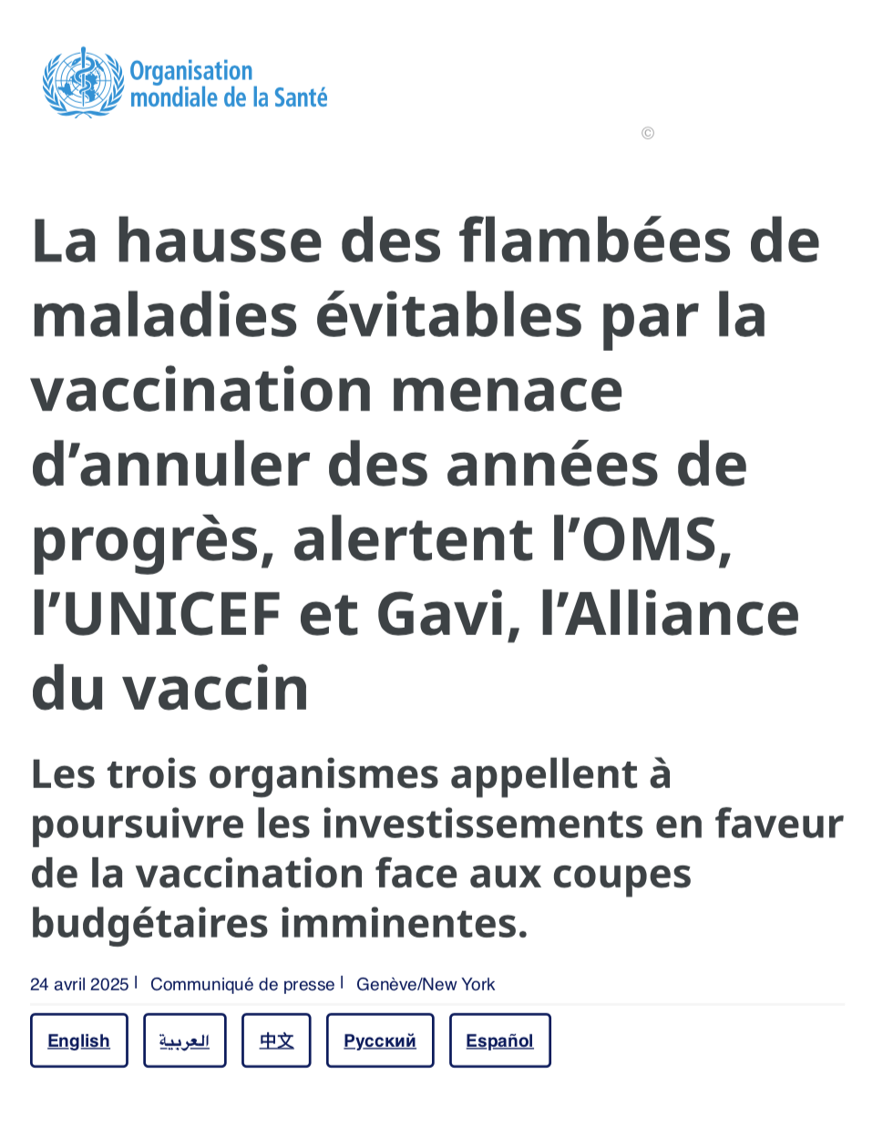 2025-04-24_OMS-GAVI Press Release La hausse des flambées de maladies évitables par la vaccination menace d’annuler des années de progrès, alertent l’OMS, l’UNICEF et Gavi, l’Alliance du vaccin COVER