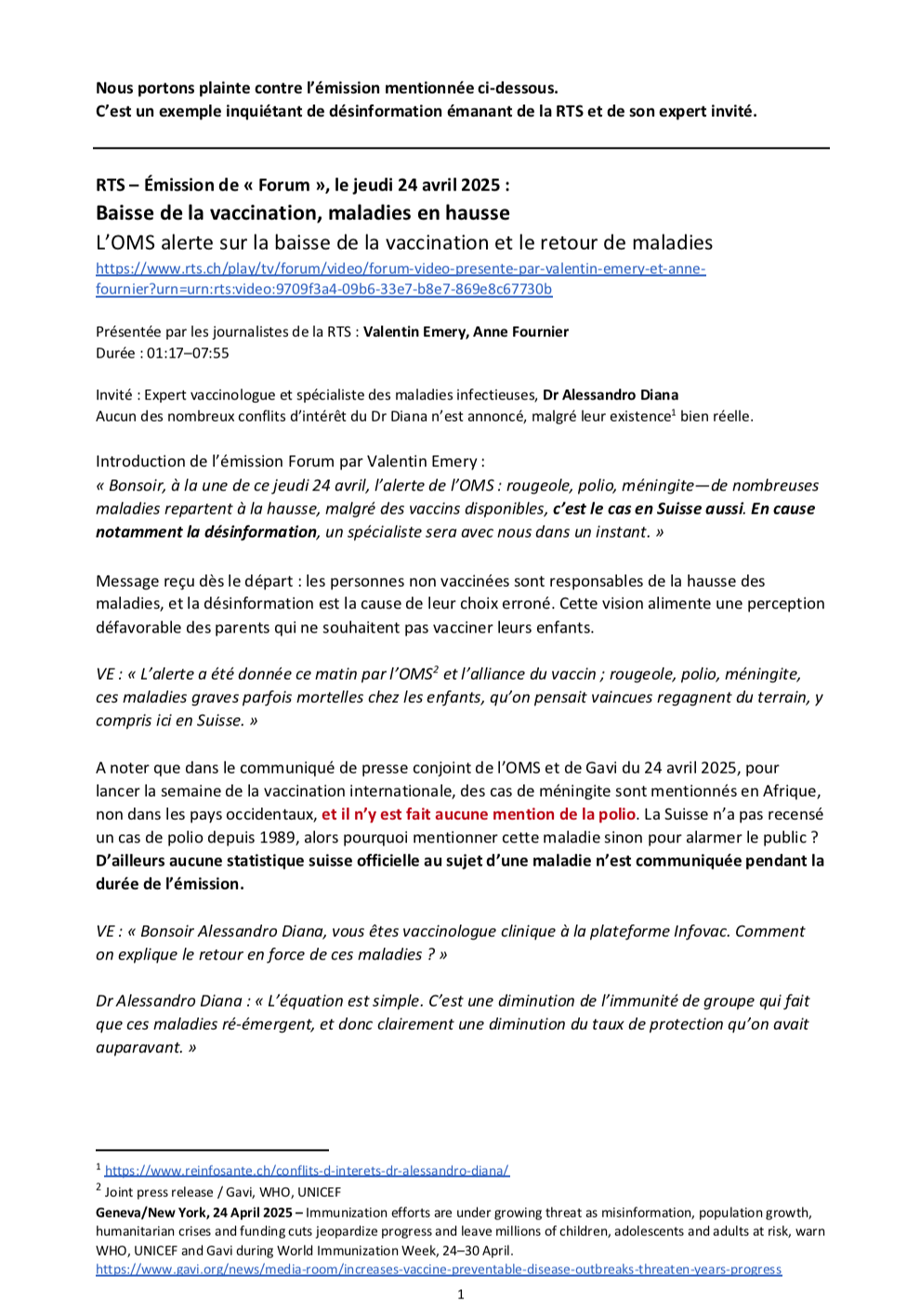 Annexe exposant les fausses informations diffusées