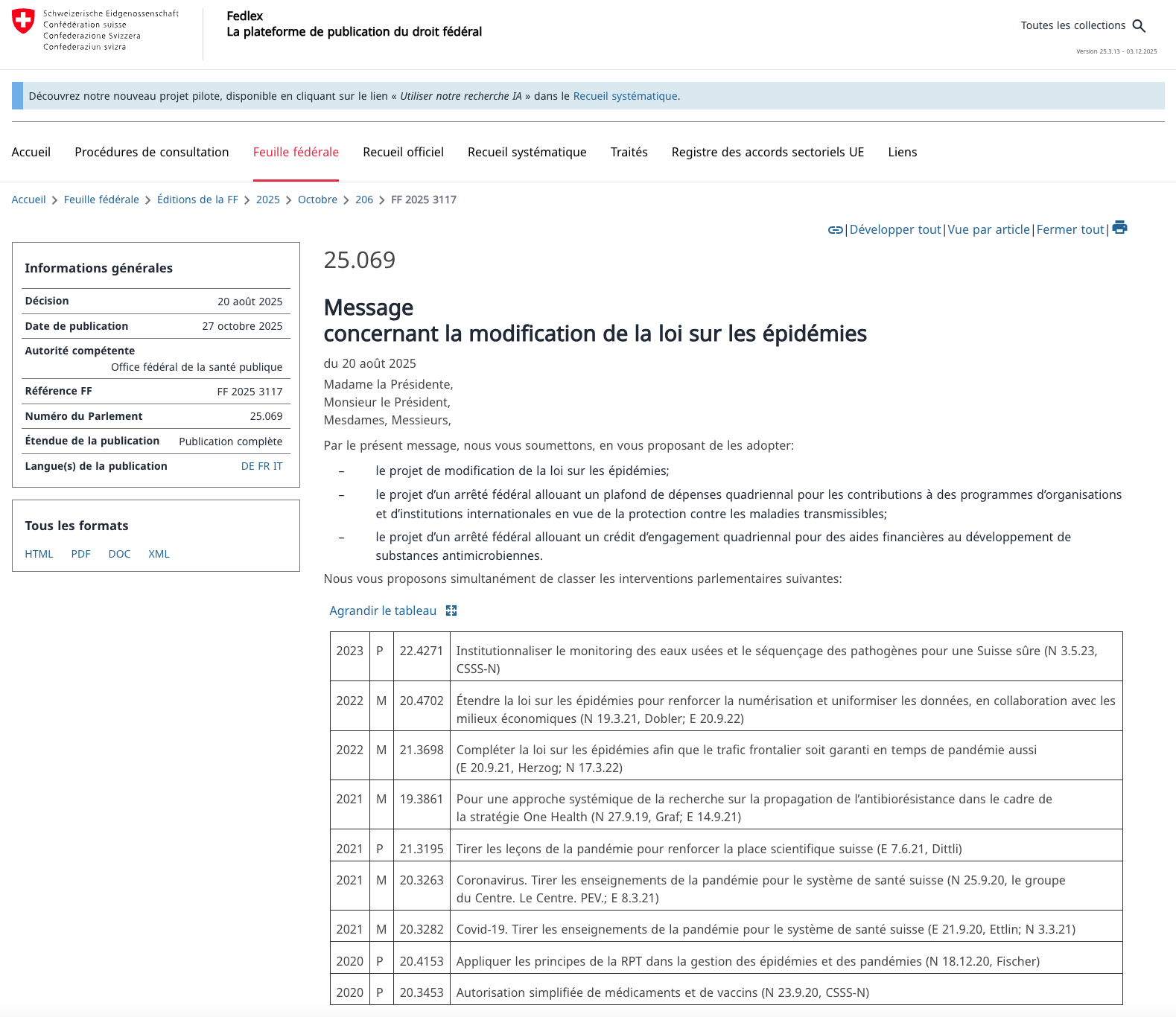 OFSP FEDLEX 2025-08_Feuille federal LoiEpi