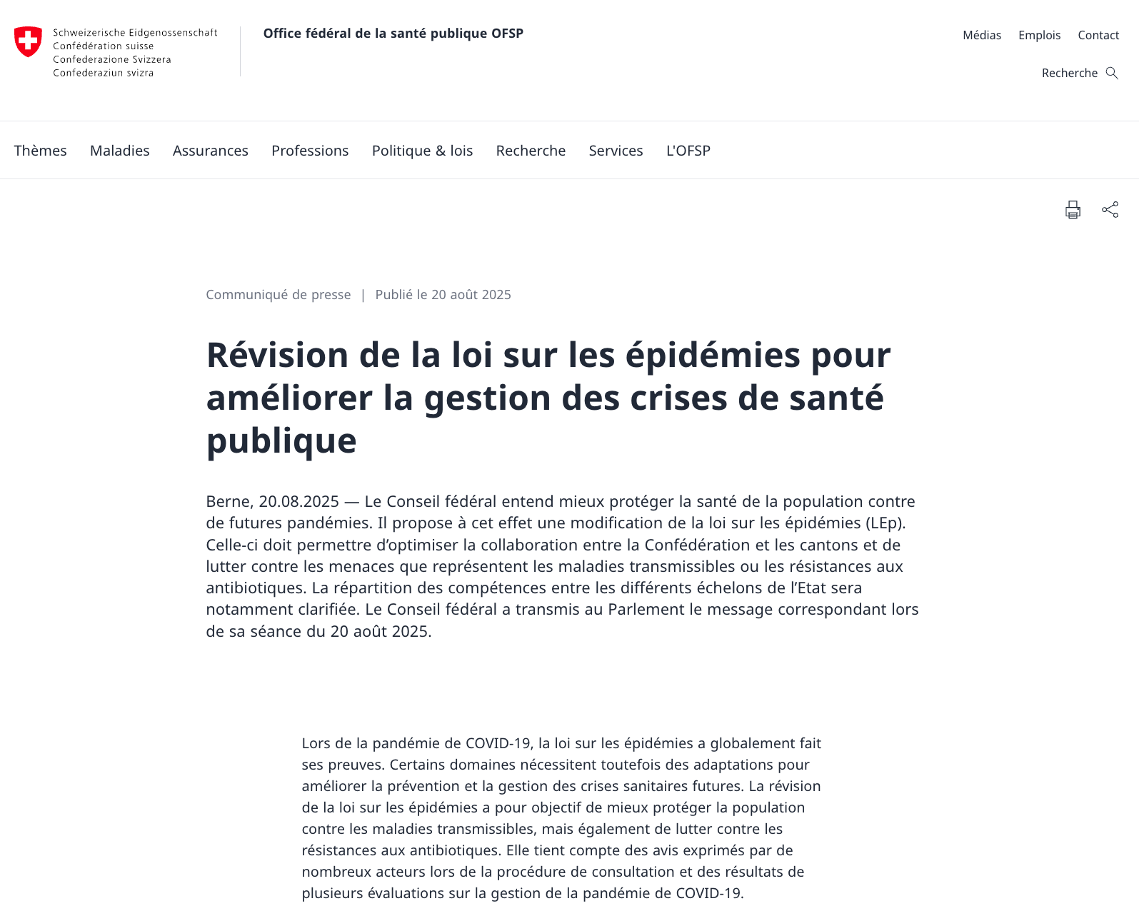 OFSP_2025-08-20_Communiqué de presse sur révision LoiEpi