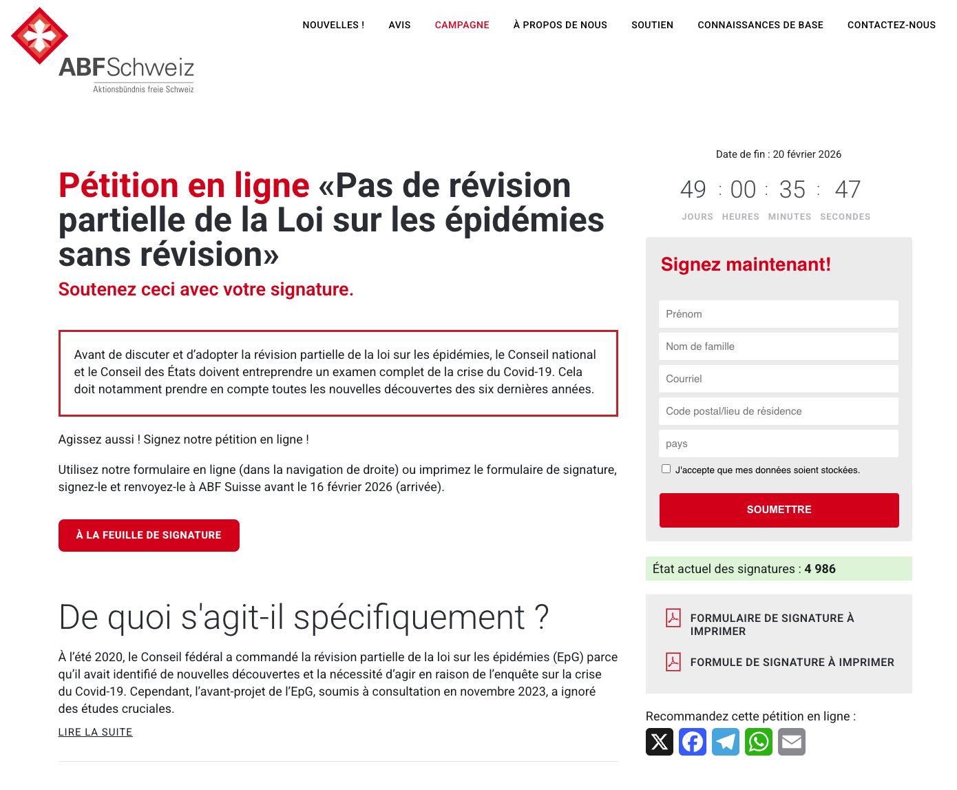 ABF SCHWEIZ LoiEpi Petition Pétition en ligne « Pas de révision partielle de la Loi sur les épidémies sans bilan » WEB-DE trad Google