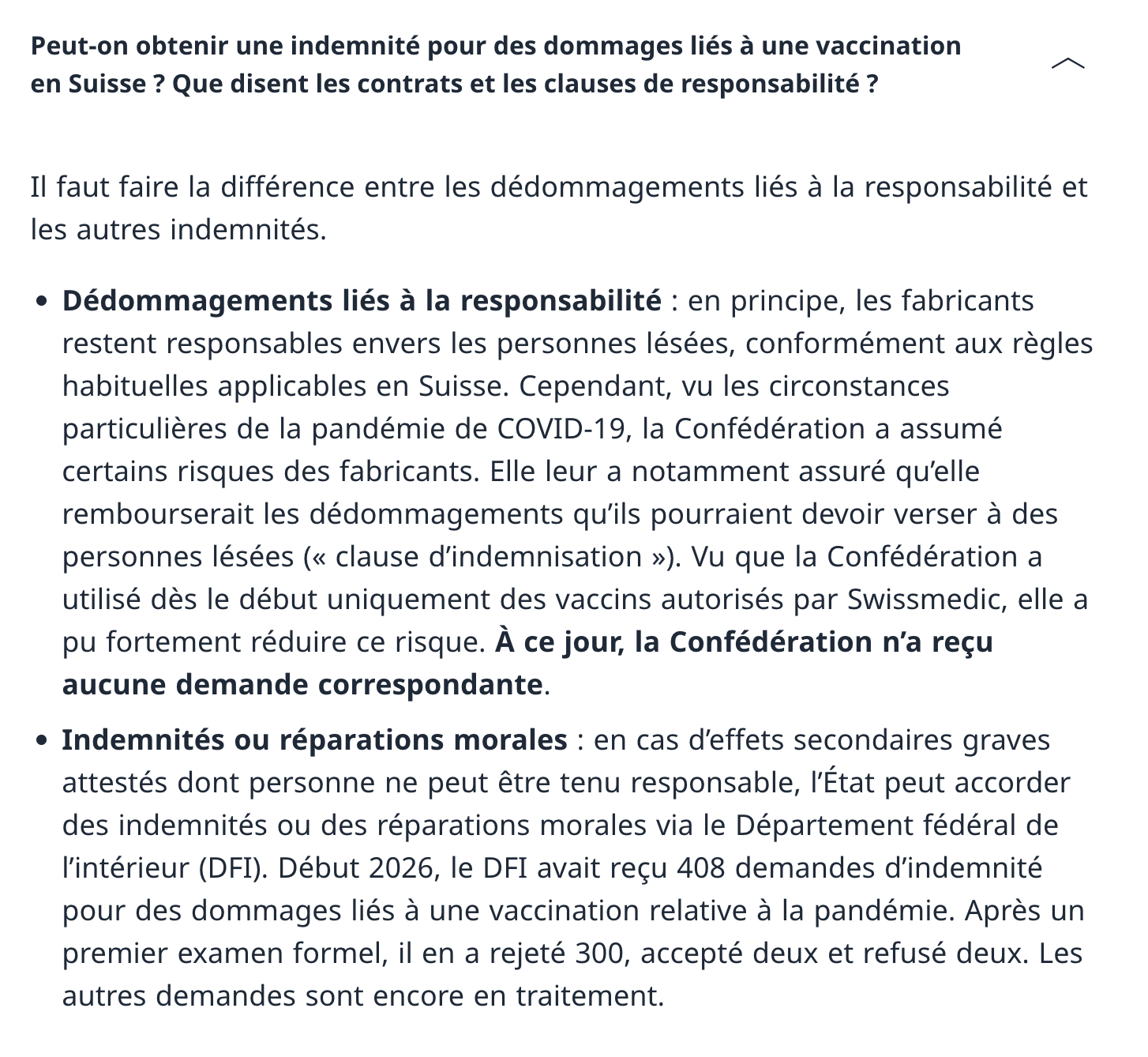 OFSP 2026 Contracts Covid Indemnité Dommages vaccines Official communication