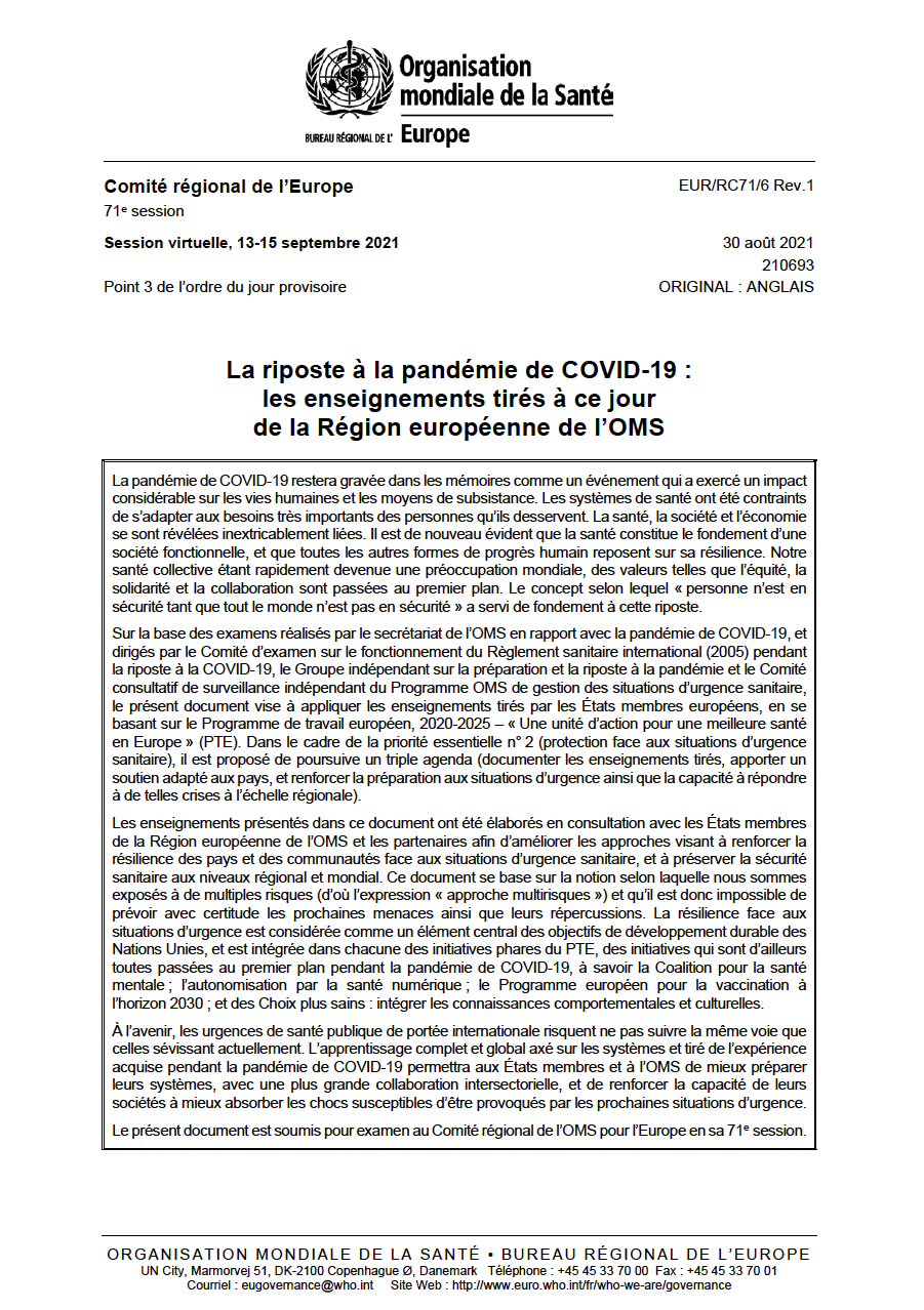 WHO_2021-09_Lessons from COVID_71wd06f-rev1-PR-Response-Lessons Learned-210693-FR COVER