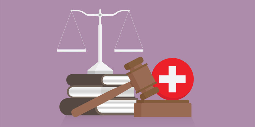 Navigating Healthcare Law, Protecting Patients' Rights and Medical Practice, Equal-arm balance, a book, and a gavel