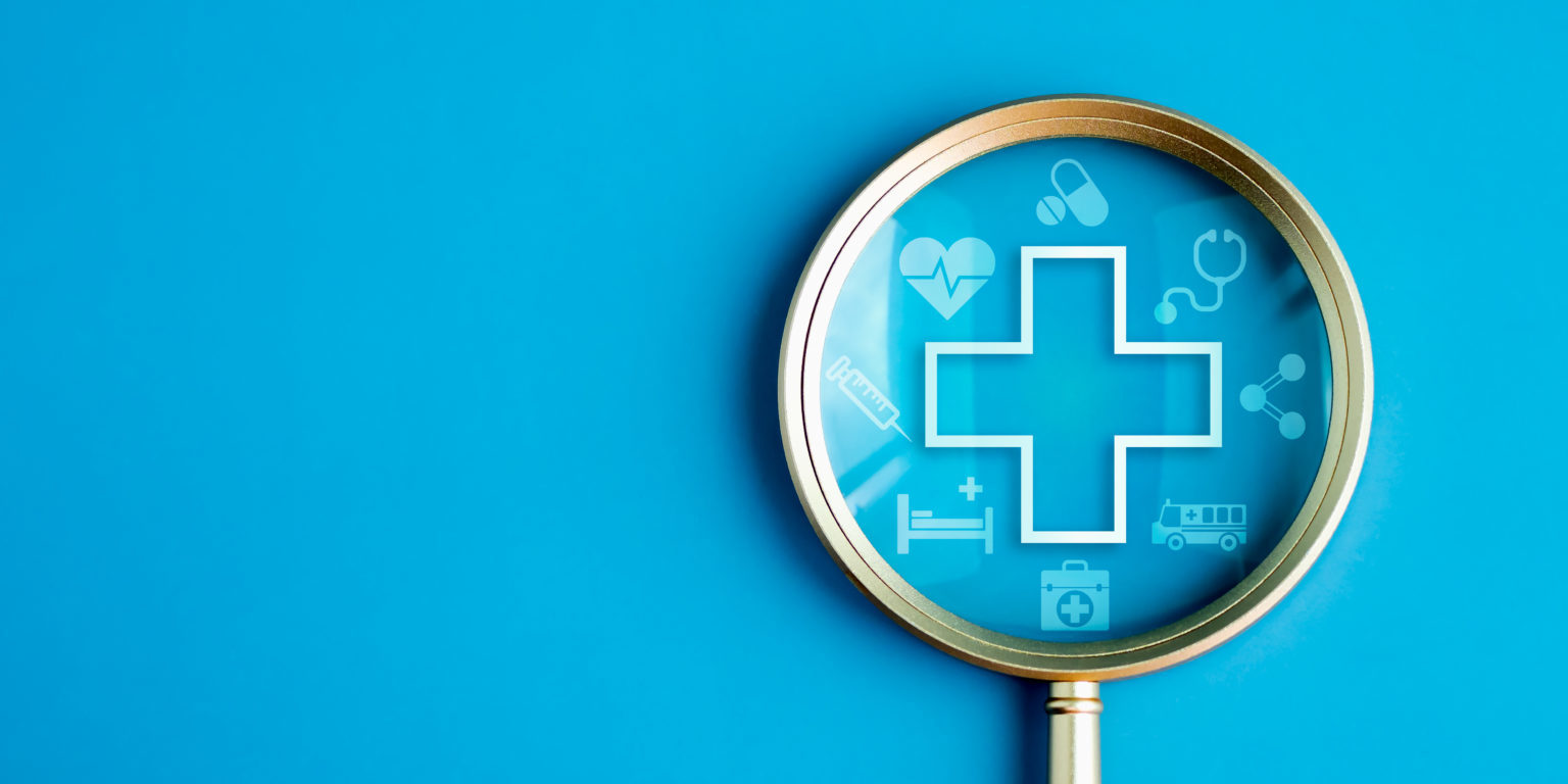 Healthcare service, hospital website online search, wellness plan and insurance concept. Health, care and medical element icon symbols in magnifying glass lens on blue background with copy space.