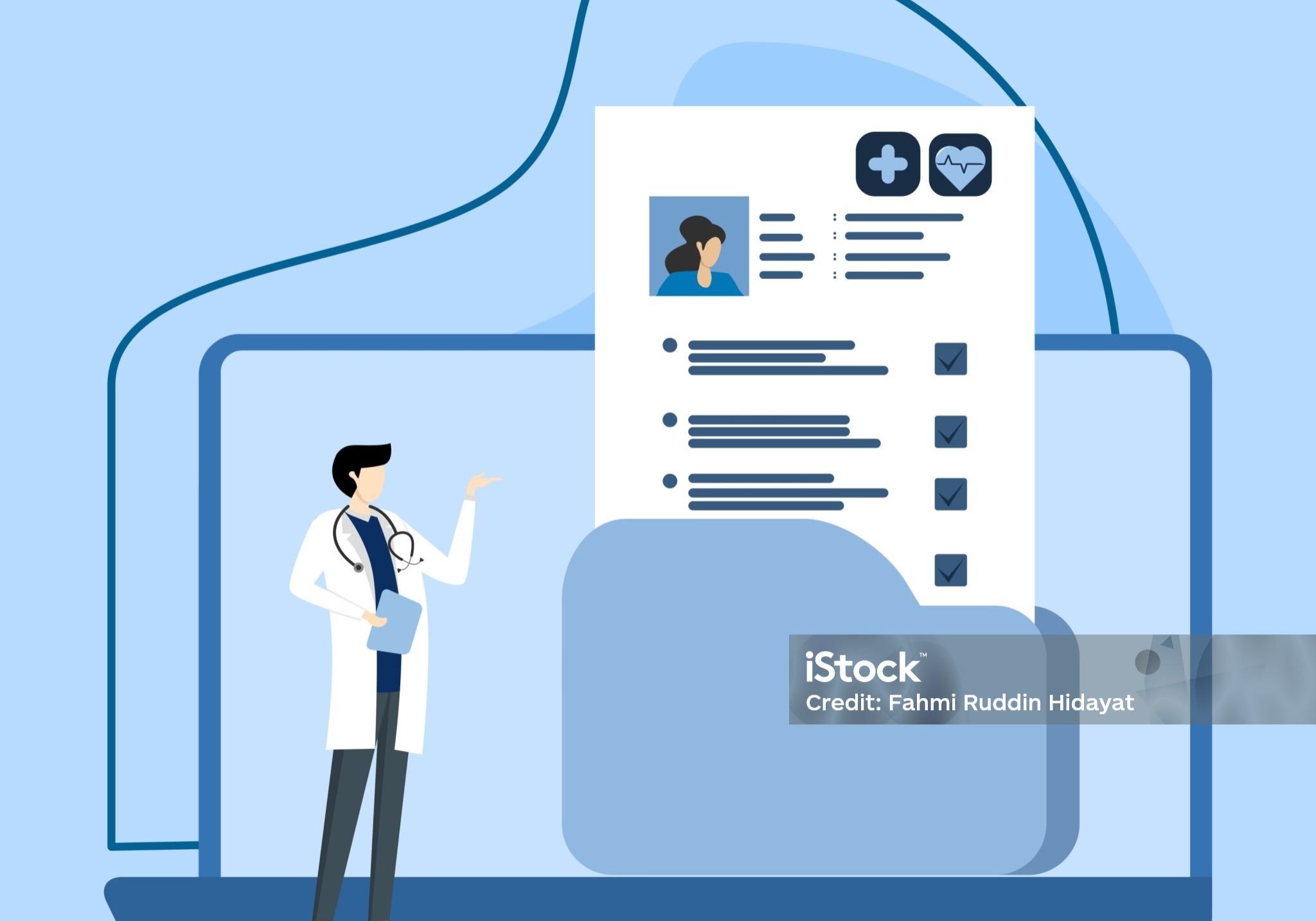 Concept of electronic health records and online medical services. Doctor in hospital reading EMR of patient. Patients carry out online consultations with specialist doctors. Vector illustration.