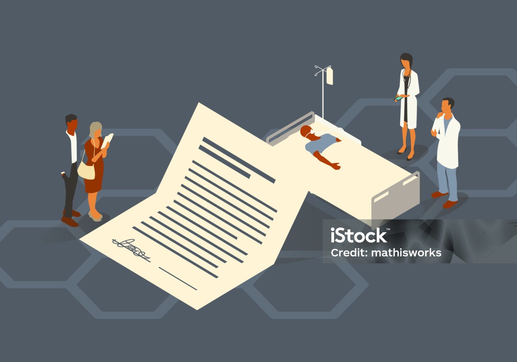 Family members review a Do Not Recuscitate (DNR) form, while a man receives care in a hospital bed from two healthcare professionals. A flat color palette leverages cool grays, blues, and cream/off -white. Vector art is presented in isometric view on a 16x9 artboard.