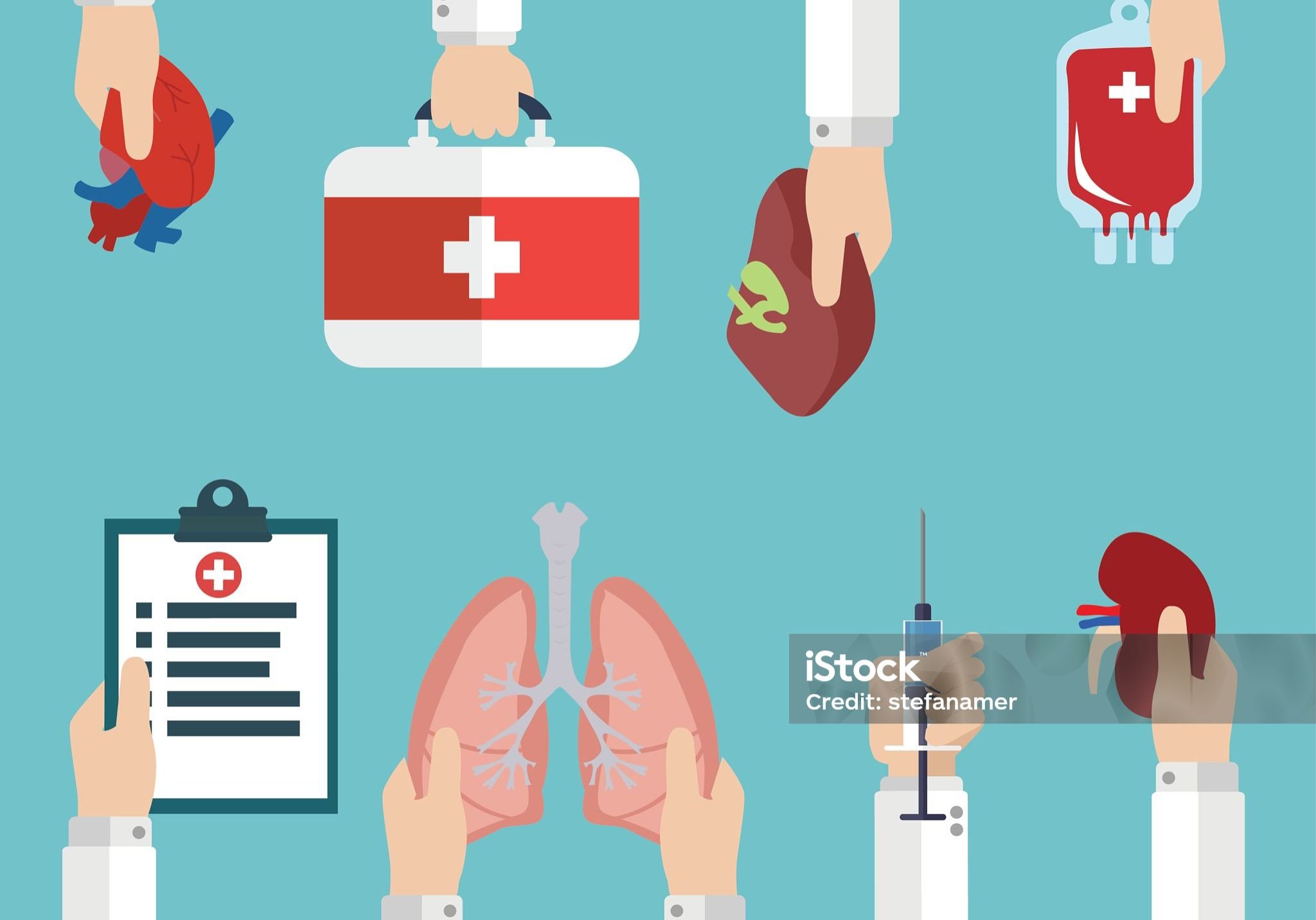 Human organ for transplantation concept with hands, medical banner
