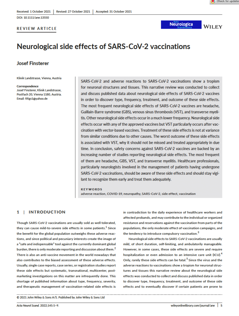 Acta Neuro Scandinavica - NOV2021 - Finsterer - Neurological side effects of SARS‐CoV‐2 vaccinations_COVER